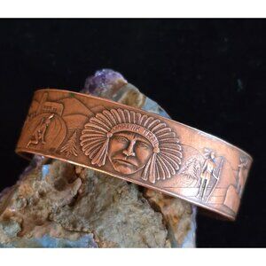 VTG Native American Mohawk Trail Storyteller Copper Cuff Bracelet 7.5" Embossed